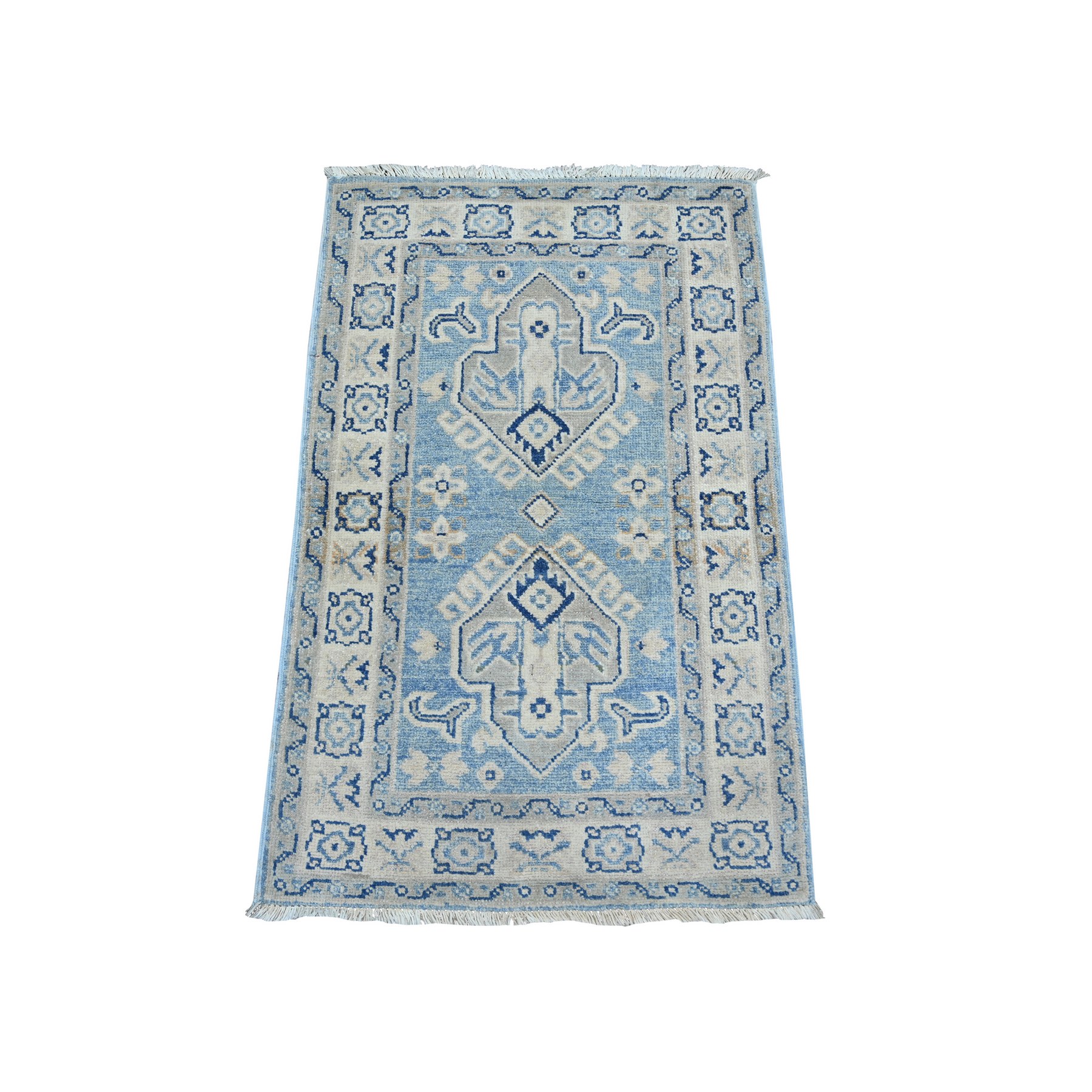 2'x3' Maya Blue, Vintage Look Kazak with Geometric Pattern, Hand Knotted, 100% Wool, Natural Dyes, Mat, Sample, Oriental Rug 